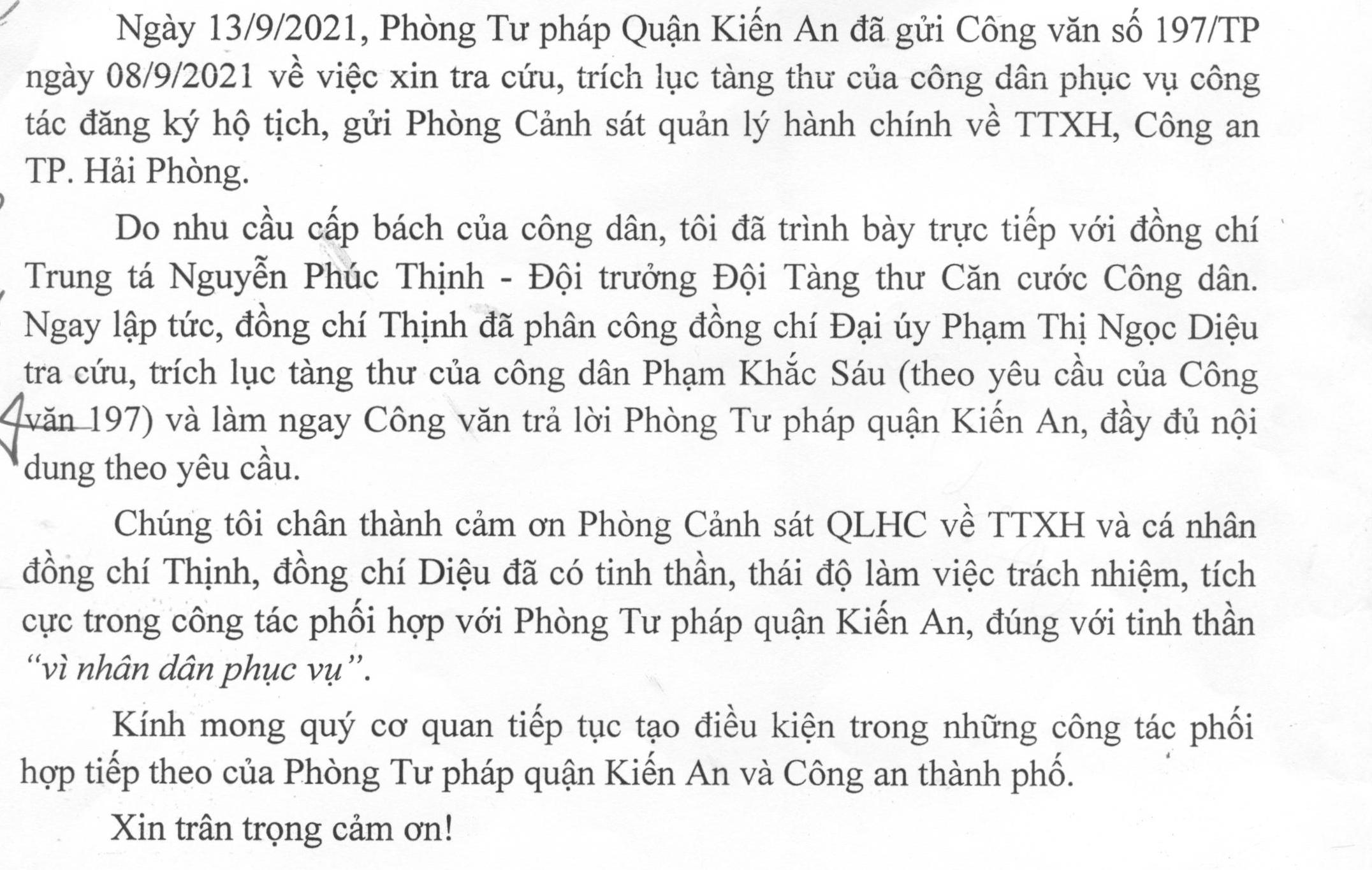 Thư cảm ơn gửi Phòng Cảnh sát quản lý hành chính về trật tự xã hội Công an thành phố Hải Phòng.